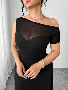 Elenzga Women's Plus Size Black Summer Elegant Formal Dinner Evening Dress,Mesh Patchwork Waist,Fitted Asymmetric Hem High Slit For Club Parties&Gatherings - Black - View 6