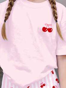 Tween Girls' Casual Cherry Print Dropped Shoulder Loose T-Shirt And Striped Shorts Set, Summer - White - View 6