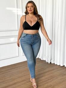 SHEIN CURVE+ Plus Size Sexy Solid Color Spaghetti Strap Wireless Bra, Summer - Black - View 7