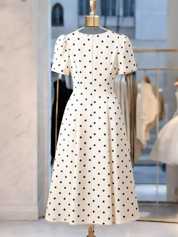 SHEIN Clasi Vestido de lujo de manga abullonada con lunares elegantes y retro para tallas grandes - Blanco y Negro - Añade 2