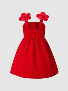 SHEIN Young Girl Elegant Sweet Pearl 3D Flower Camisole Splice Ruched Flared Princess Dress, Red, Valentine's Day - Red - View 3