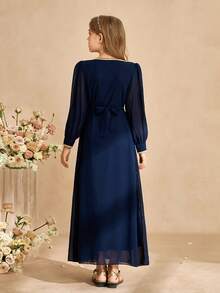 Elegante abito in chiffon con scollo a V e fili d'oro, manica lunga, adatto per matrimoni, gala, compleanni, feste e cerimonie per ragazze pre-adolescenti - Blu Navy - Visualizzare 2