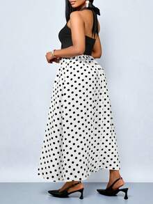 SOLERSUN Plus Size Women's Dresses, Sexy And Elegant, Suitable For Commuting, Vacations, Beach Parties, Valentine's Day, Spring/Summer, Retro Chic, Minimalism, AU Girly Au Beachweekend Black And White Color-Blocked Halter Neck, Polka Dot Faux Linen Fabric - Black - View 3