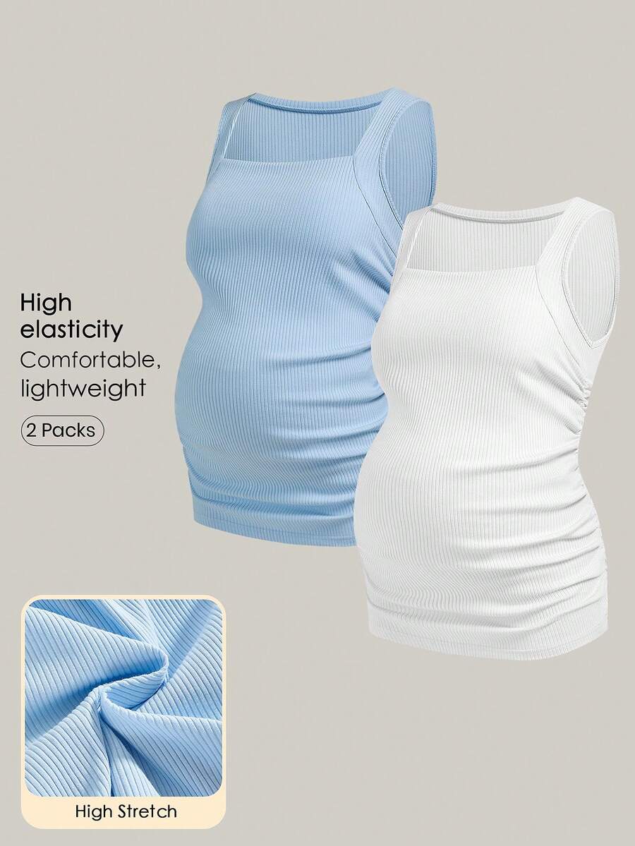 Modmama Top ajustado con pliegues de unicolor para maternidad, verano - Azul y blanco - Ver 1