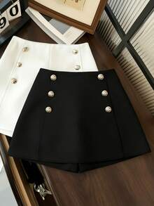 Franclia 女士春夏新款黑色金属装饰防走光短裤，适合通勤、度假、休闲、下午茶、派对、外出就餐等场合，短裙高腰短裤黑色半身裙搭配短裤女士裙裤黑白短裤高腰半身裙短裤纽扣细节半身裙工作短裤女士工作短裤高腰裙裤短款套装女士半身裙搭配短裤高腰裙裤 - 黑色 - 查看 1