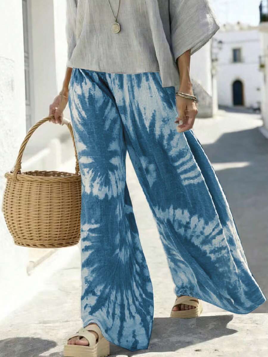 Breezaya 女士休闲扎染宽松阔腿裤 - 藍色 - 查看 1