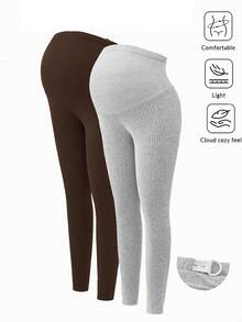 Modmama 2条装孕妇纯色基础款针织打底裤，休闲日常穿着 - 咖啡棕 - 查看 13