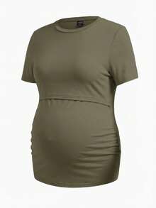 Modmama Camiseta de manga corta de unicolor minimalista y casual para lactancia materna - Verde militar - Ver 4