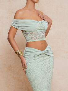 Lumalex 女士性感纯色蕾丝拼接露脐上衣和迷你裙两件套，夏季 - 綠色 - 查看 7