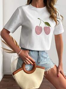 Cloudara White Cherry Rhinestone Embroidered T-Shirt, Casual Basic Women's Top Golf Summer - White - View 5