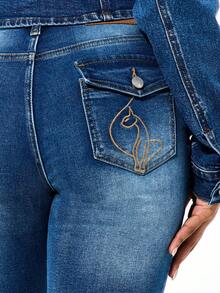 BABYPHAT High Rise Embroidered Logo Detail Denim Capri Jeans With Distressed Accents And Medium Wash Finish - Blue - View 6