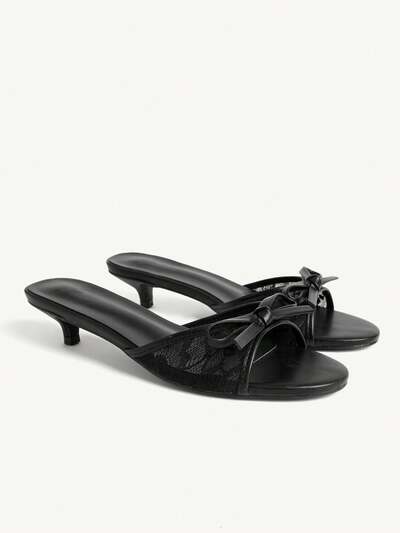 CUCCOO CHICEST Women Shoes Black PU Mesh Splicing Fashionable Elegance Comfortable Spring And Summer Bow Elements Kitten And Slippers Summer Shoes
