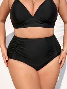 SHEIN CURVE+ Summer Beach Plus Ruched High Waisted Bikini Bottom, Beach Outfits For Woman, Plus Size For Woman, Bathing Suits, Slimming Swimwear - Black - View 5