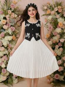 SHEIN 2pcs Tween Girl Colorblock Open Front Vest With Bow Decor And Solid Pleated Skirt Set - Black and White - View 3