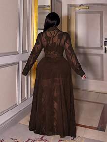 Maweii Vestido elegante y sexy de talla grande con estampado jacquard y transparencias - Marrón - Ver 2