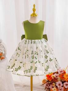 SHEIN Glamorique Kids 女童白色蝴蝶结腰身V领露背刺绣优雅派对连衣裙，适合所有季节 - 綠色 - 查看 2