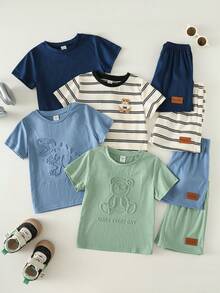 8pcs/Set Pakaian Seragam Keluarga untuk Anak Laki-Laki Musim Panas, Kaos Lengan Pendek Motif Beruang Timbul Warna Polos Kasual Lucu & Celana Pendek Pinggang Elastis - MultiWarna - View 1