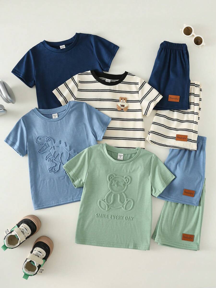 8pcs/Set Pakaian Seragam Keluarga untuk Anak Laki-Laki Musim Panas, Kaos Lengan Pendek Motif Beruang Timbul Warna Polos Kasual Lucu & Celana Pendek Pinggang Elastis - MultiWarna - View 1