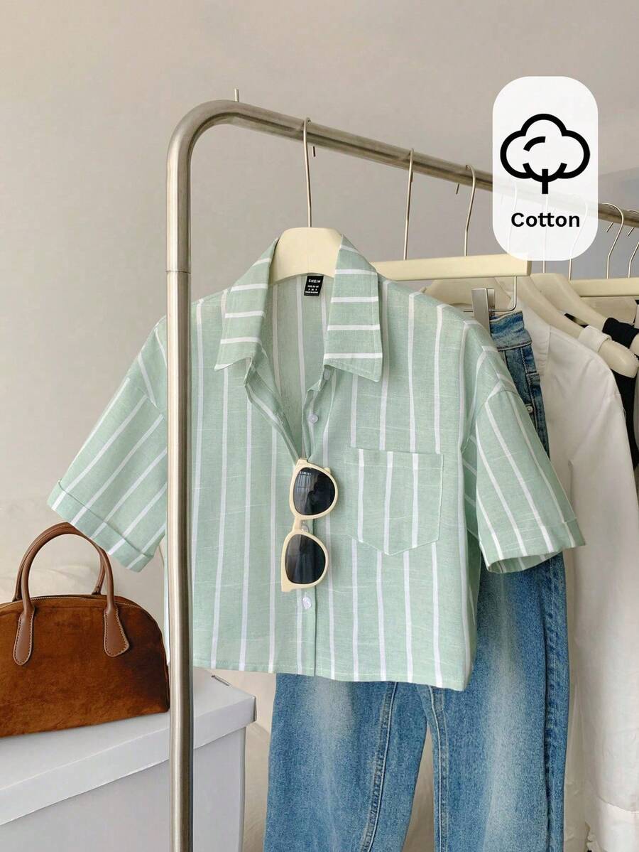 Elamini 条纹短款时尚宽松休闲翻领短袖女式衬衫 - 綠色 - 查看 1