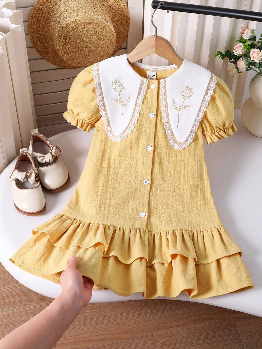 SHEIN Elladie kids Young Girl Lace Patchwork Front Button Contrast Color Ruffle Hem Short Sleeve Dress - Yellow - View 1