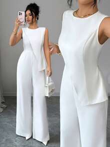 Modelyn Women's Asymmetric Design Sleeveless Jumpsuit, Minimalist For Commuting, Spring/Summer - White - View 4