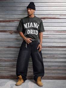 AXEPEAK Men's Letter Print Casual Round Neck Short Sleeve T-Shirt, Summer - Black - View 3