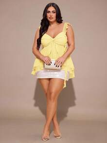 SHEIN BAE Plus Size Women Solid Color Sweetheart Collar Asymmetrical Ruffle Hem Camisole Top - Yellow - View 4