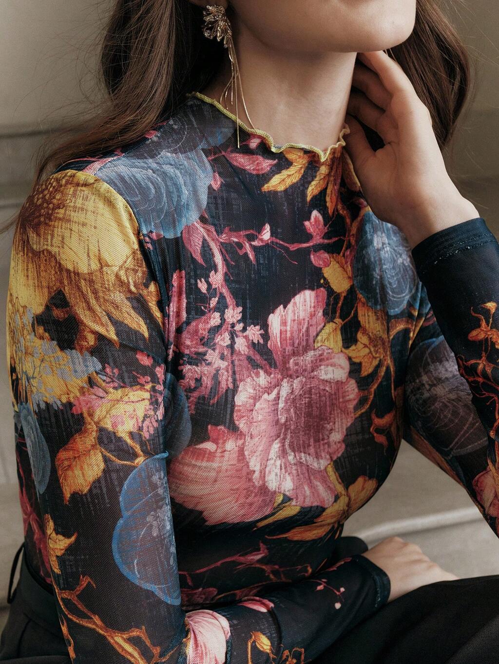 Anewsta Plus Size Women's Elegant Stand Collar Long Fitted Regular Shoulder Long Sleeve Top, Lightweight Semi-Sheer Fabric With Floral Placement Print, Subtly Showcasing Feminine Charm, Suitable For Daily Outings And Vacation Wear