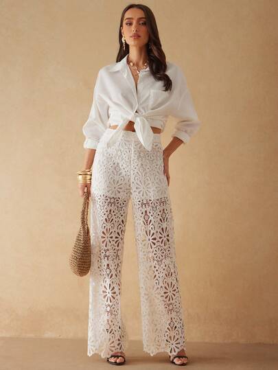 Silquee These Women's White Lace Loose-Fitting, Sexy, See-Through, Breathable, Straight-Leg, Relaxed-Fit Vacation Pants Are The Perfect Choice For Beach Vacations, Dates, Parties, Weddings, And More. They Are The Ideal Companions Under The Summer Sun And Stars, Perfectly Embodying The Essence Of Summer And Exuding A Refined And Charming Aura. Suitable For Afternoon Tea, Casual Parties, And Various Other Occasions, They Can Also Be Worn On The Beach. Water-Soluble Lace Vacation Pants.