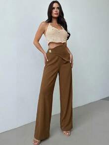 Firerie Pantalones rectos sueltos de verano con decoración metálica en la cintura asimétrica, de cintura media, de color beige sólido, elegantes y versátiles para uso diario, de estilo urbano y casual - Café integral - Ver 5