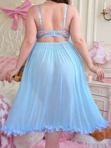 PetitDoll 大码甜美可爱浪漫花卉蕾丝拼接网纱内衣连衣裙+丁字裤两件套 - 藍色 - 查看 2