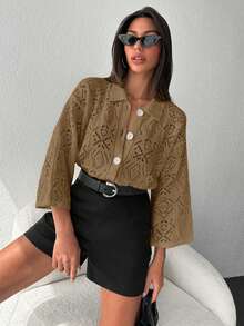 SHEIN Cottnline الجاكيت الكاردجان المحبوك اللون الأحادي المفتوح للنساء - بيج - مشاهدة 2