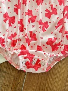 SHEIN Newborn Baby Girl Cute Summer Knitted Bow Decor Flutter Sleeve Bodysuit - Red - View 3
