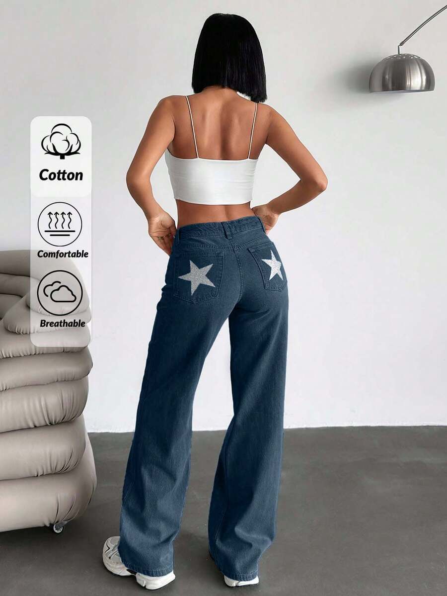 EURMUSE Jeans rectos de mujer de uso versátil y casual con estampado de estrellas - Neblina azul - Ver 1