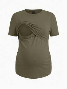 Modmama Camiseta de manga corta de unicolor minimalista y casual para lactancia materna - Verde militar - Ver 3