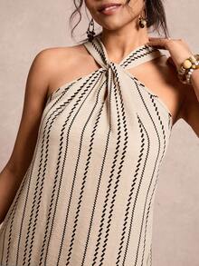 SHEIN VCAY Plus Size Summer Casual Striped Vacation Halter Dress - Khaki - View 7