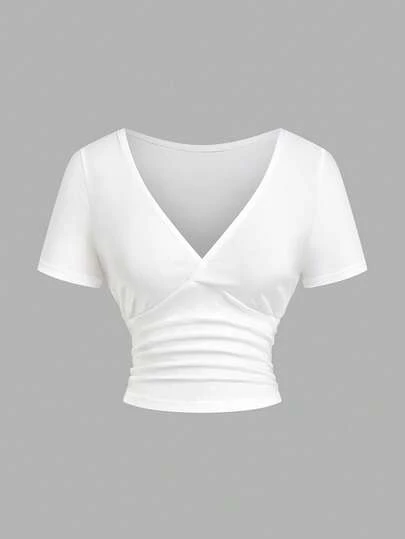 Sweetra Camiseta casual de manga corta con cuello en V y unicolor para mujer
