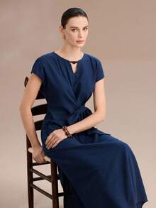 Uhlyne Uhlyne Women's Summer Navy Blue Elegant Work French Style 100% Cotton Dress,Minimalist Round Neck Hollow Pearl Decor Bow Tie Waist Maxi Casual Dress - Navy Blue - View 7