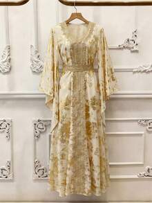 GlowEve 中东风情刺绣长袍，配腰带，女士时尚V领收腰连衣裙，适合日常穿着和节日庆典。 - 彩色 - 查看 4