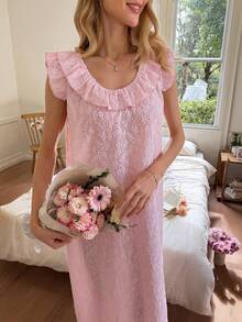 SHEIN Áo ngủ hai dây màu hồng thanh lịch, viền ren, khoét rỗng, chất liệu jacquard, thích hợp mặc nhà cho nữ. - Hồng - Xem 4