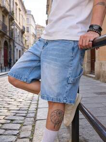 Manfinity VCAY Men's Casual Fashion Street Washed Loose Denim Shorts,Light Wash Blue Jeans Jorts For Summer Daily Commute,Pambahay Style Light Washed Shorts - Blue - View 7