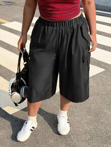 Muchica Plus Size Women's Black Solid Color Elastic Waist Pockets Casual Cargo Capri Pants,Summer Everyday Versatile For Daily Wear,Spring Break, - Black - View 1