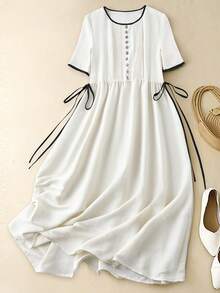 Louniche Đầm dài nữ kiểu dáng thường ngày, kẻ sọc, xếp ly, cổ tròn, phối màu tương phản, thắt eo, đa năng cho mùa xuân và mùa hè. - Màu be - Xem 4