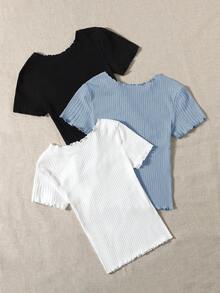 SHEIN EZwear 夏季三件套荷叶边罗纹针织修身打底衫T恤 可爱女式上衣 罗纹上衣 可爱休闲上衣 可爱短袖上衣 棉质短袖上衣 女式上衣 荷叶边上衣 罗纹针织上衣 - 霧霾藍 - 查看 2