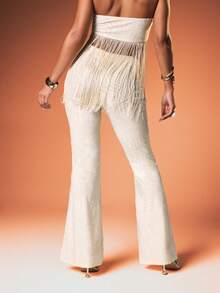 MISSGUIDED High Waisted Textured Wide Leg Palazzo Pants With Fringe Detail And Halter Style Top Design - Apricot - View 3