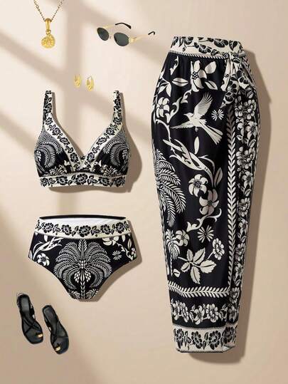 Swim Oasis 2026 New Plus Size Women's Elegant Mature Casual Beach Vacation Floral Print V-Neck Adjustable Strap Tie-Waist Tankini 3-Piece Swimwear Set