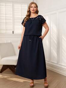 EMERY ROSE 2pcs Set Plus Size Women's Summer Casual Navy Blue Lace Trim Back Design Shirt Top And Long Skirt Two Pieces Set With Pockets, Tea Party Holiday Outfits - Navy Blue - View 9