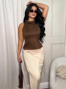 Dayanna Comas Women's Vest With Back Slits, Suede Fabric, High Collar, Brown And White, Women's Tops, Cute BOHO Tops Women High Neck Loose Casual Solid Color Tank Top Fall Tops Winter Tops Fall Clothes For Women Winter Clothes For Women Fall Outfits For Women Winter Outfits For Women Christmas Clothes Business Casual Woman Office Outfits For Women - Brown - View 1