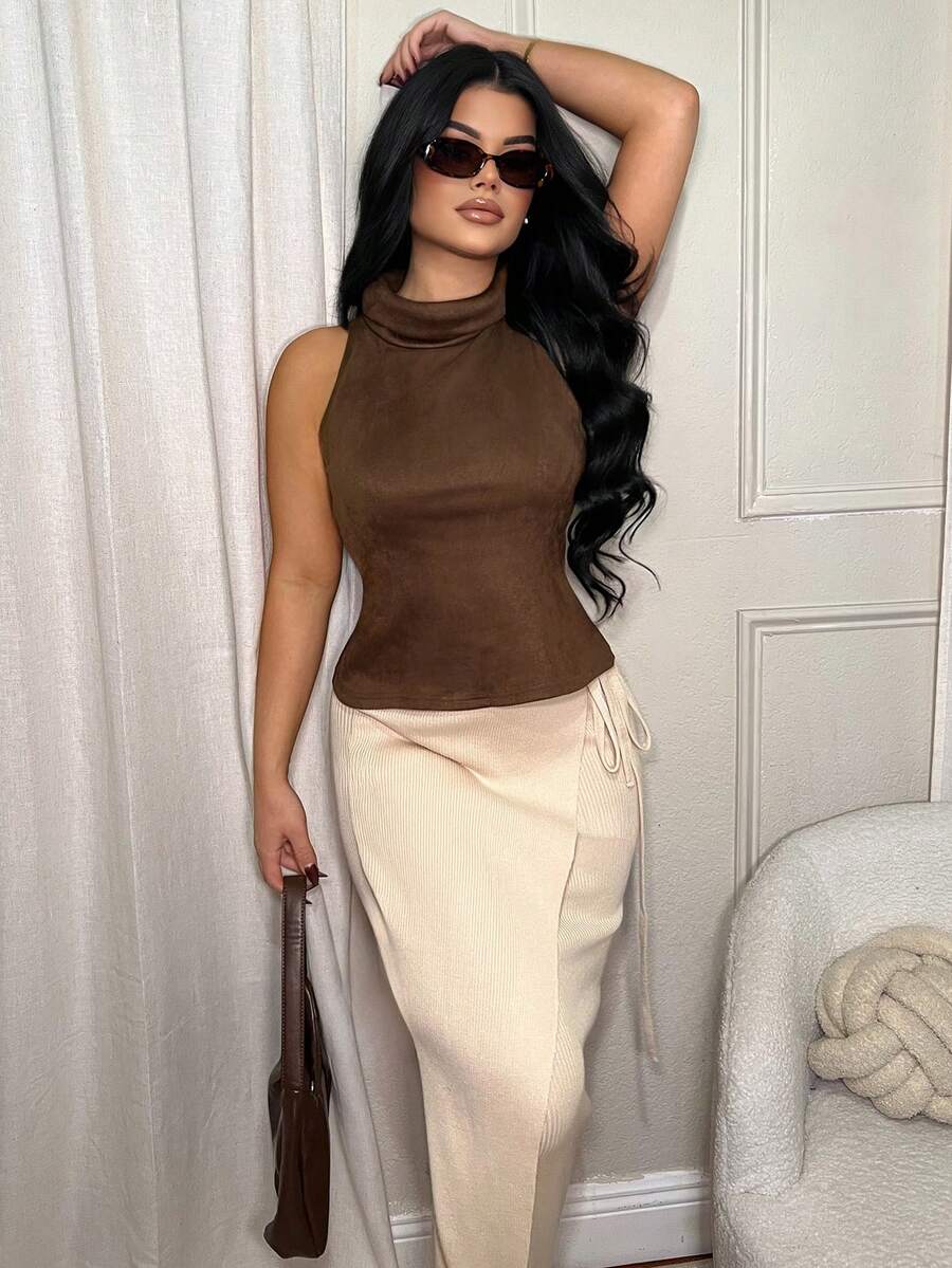 Dayanna Comas Women's Vest With Back Slits, Suede Fabric, High Collar, Brown And White, Women's Tops, Cute BOHO Tops Women High Neck Loose Casual Solid Color Tank Top Fall Tops Winter Tops Fall Clothes For Women Winter Clothes For Women Fall Outfits For Women Winter Outfits For Women Christmas Clothes Business Casual Woman Office Outfits For Women - Brown - View 1