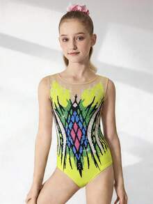 SHEIN Leotard senza maniche stampato e elasticizzato per ragazze pre-adolescenti, multicolore, adatto per ginnastica, competizioni sportive, allenamento quotidiano, stampa vivace, abbigliamento atletico confortevole - Multicolore - Visualizzare 4